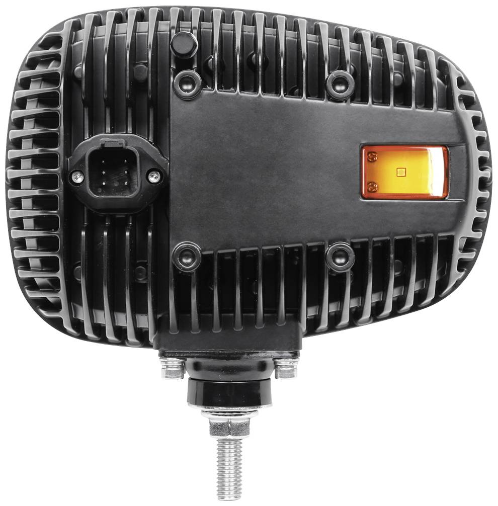 Prostokątny, czarny led-owy reflektor roboczy z żeberkami chłodzącymi, złączem i pomarańczowym okienkiem podglądowym, możliwy do zamontowania za pomocą gwintu śrubowego.