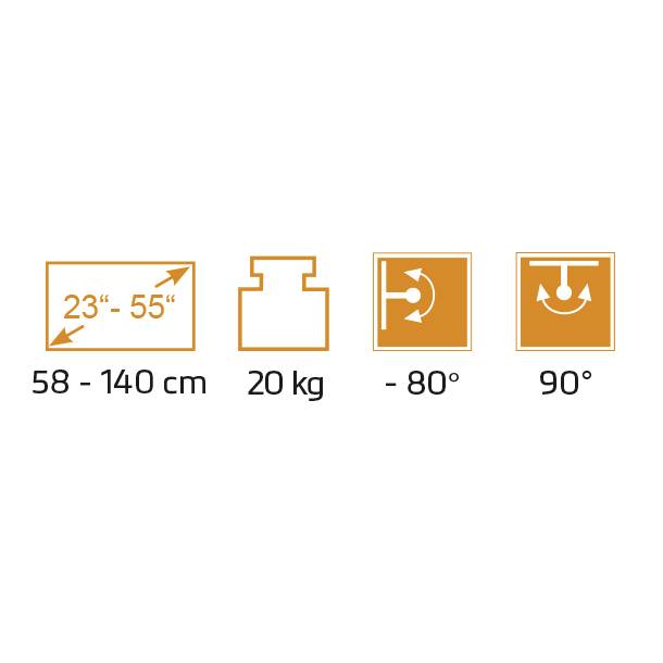 'Regulowany uchwyt na monitor: Obsługuje monitory 23"-55", wysokość 58-140 cm, do 20 kg, nachylenie -80°, obrót 90°.'