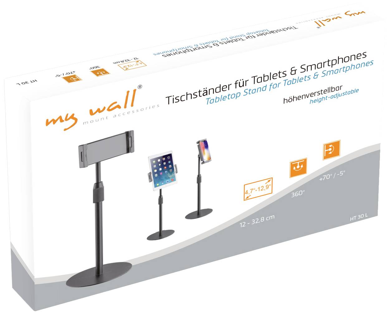 Regulowany stojak na tablet i smartfon, kompatybilny z urządzeniami o przekątnej od 12 do 32,8 cm, z możliwością obrotu o 360 stopni i regulacją kąta nachylenia.