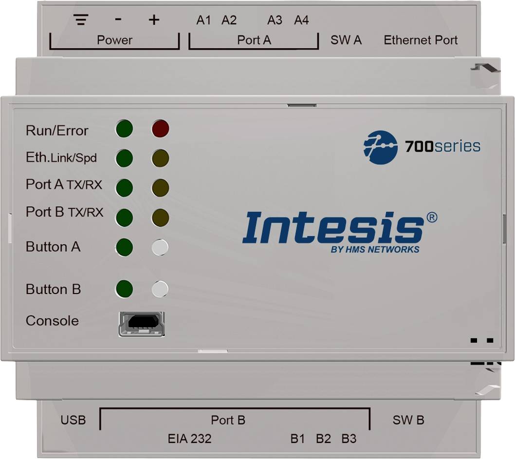 Jednostka sterująca serii Intesis 700 z portami Ethernet i USB, diodami LED do wskazywania błędów oraz przyciskami sterującymi.
