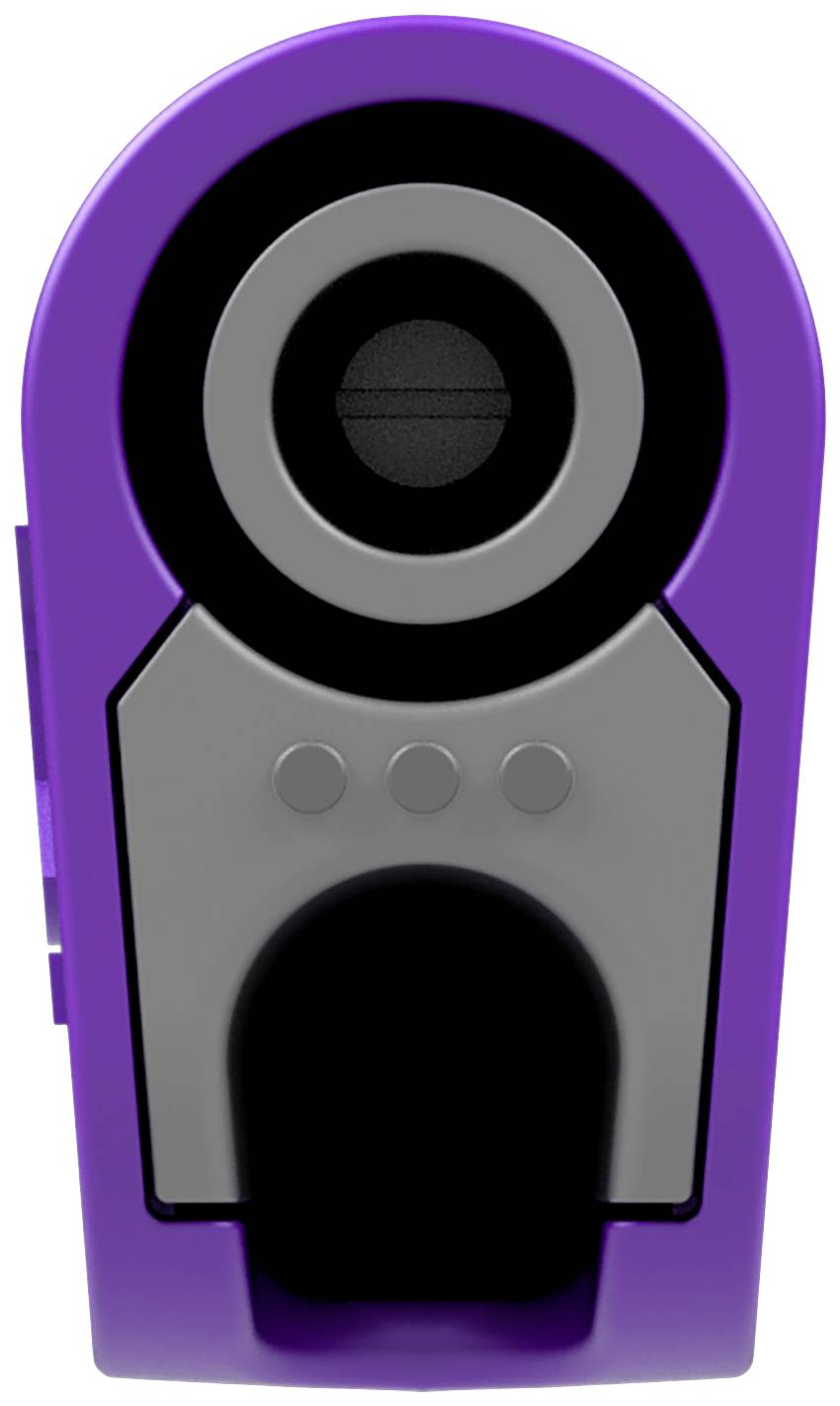 Fioletowa temperówka z czarnym otworem i szarymi akcentami pośrodku, widziana od przodu.