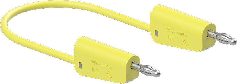 Żółty kabel pomiarowy bezpieczeństwa z dwoma izolowanymi wtyczkami i stykami metalowymi, odpowiedni do elektrycznych zastosowań pomiarowych.