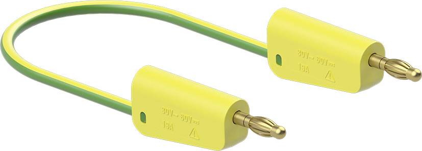 Żółto-zielony kabel uziemiający z dwoma izolowanymi zaciskami, każdy z pozłacanym złączem, przeznaczony do zastosowań elektrotechnicznych.