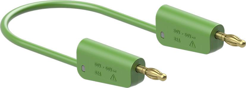 Zielony kabel elektroniczny z dwoma wtyczkami na końcach, przeznaczony do prądu o natężeniu 32A i napięciu od 20V do 500V.