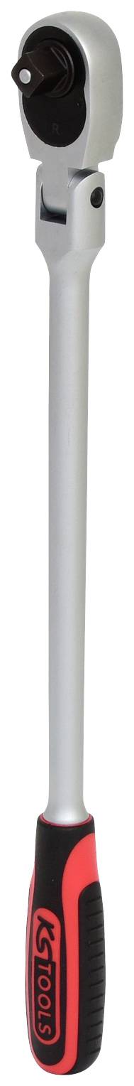 Grzechotka z ergonomicznym uchwytem, srebrnym trzonkiem i czarną głowicą obrotową, odpowiednia do prac związanych z wkręcaniem śrub i nakrętek.