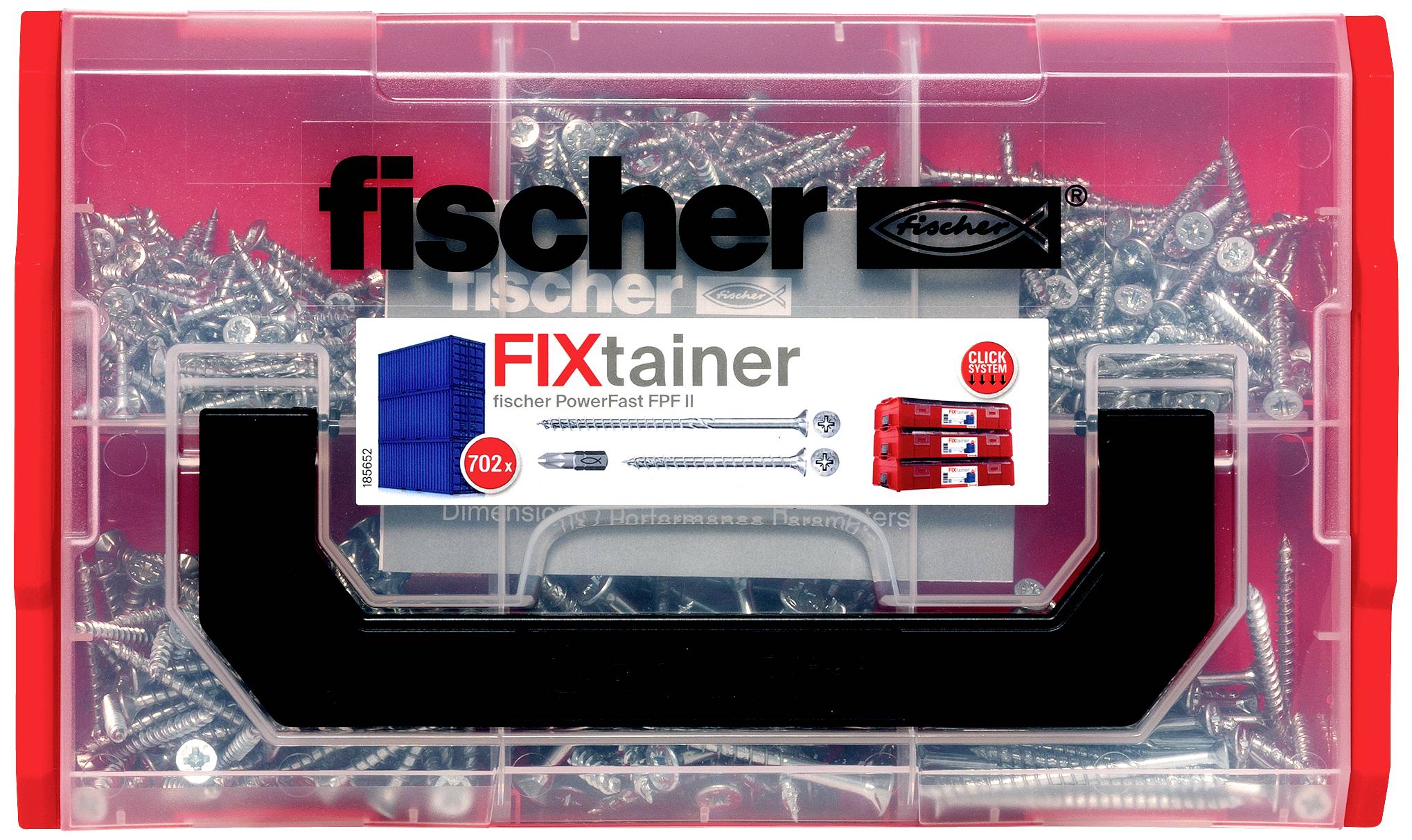 Pudełko magazynowe Fischertechnik z wkrętami. Napis: 'FIXtainer'. Zawiera różne rodzaje śrub. Widoczne logo marki.