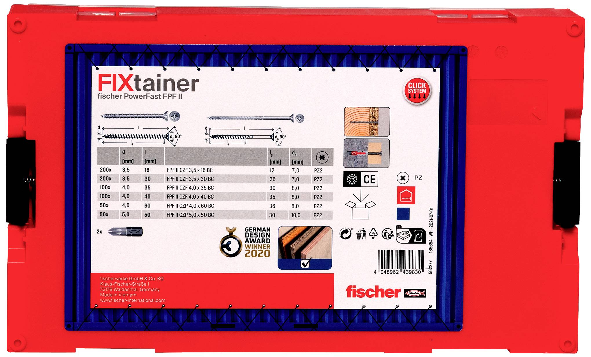 'FIXtainer' z różnymi rodzajami śrub w czerwonej walizce. Tabela przedstawia informacje o rozmiarach i dodatkowe szczegóły dotyczące użytkowania.