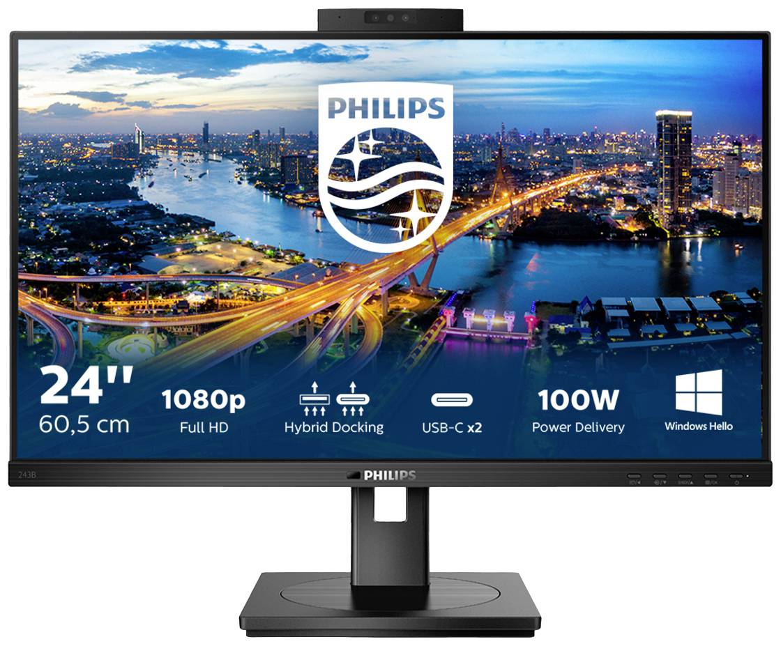 Monitor Philips o 24-calowym ekranie, wyświetlający nocną panoramę miasta. Opisy poniżej: 1080p, stacja dokująca Hybrid, 2x USB-C, Zasilanie 100W, Windows Hello.