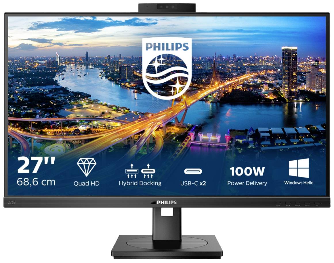 27-calowy monitor Philips wyświetla nocny widok miasta. Teksty na ekranie podkreślają funkcje, takie jak Quad HD i złącza USB-C.