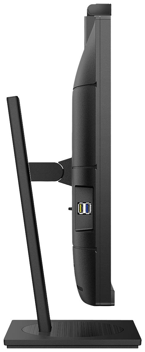 Widok z boku płaskiego monitora komputerowego z wąską ramką i solidną podstawą. Po bokach znajdują się dwa złącza USB.