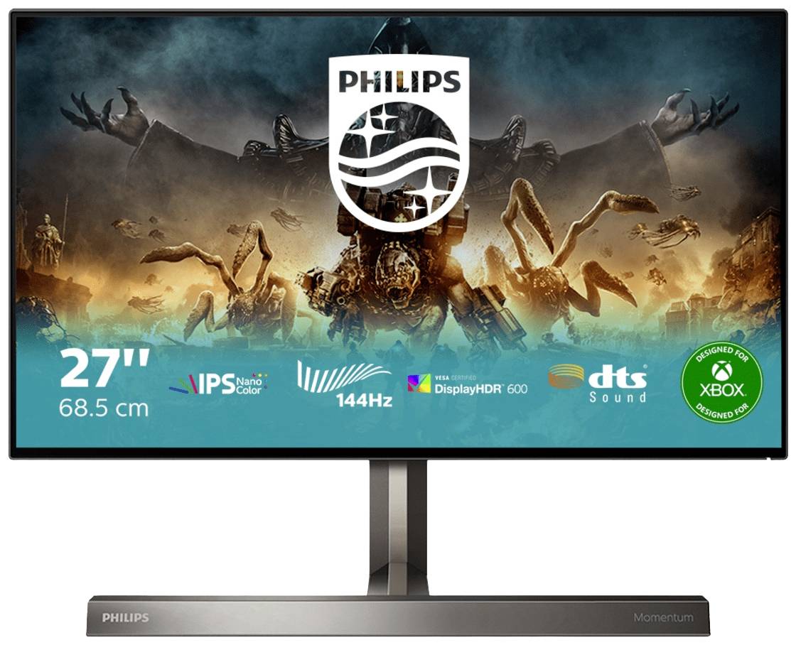Monitor Philips o przekątnej 27 cali, wyświetlający motyw science fiction z mechanicznymi istotami w tle. Logotypy marek u dołu ekranu.