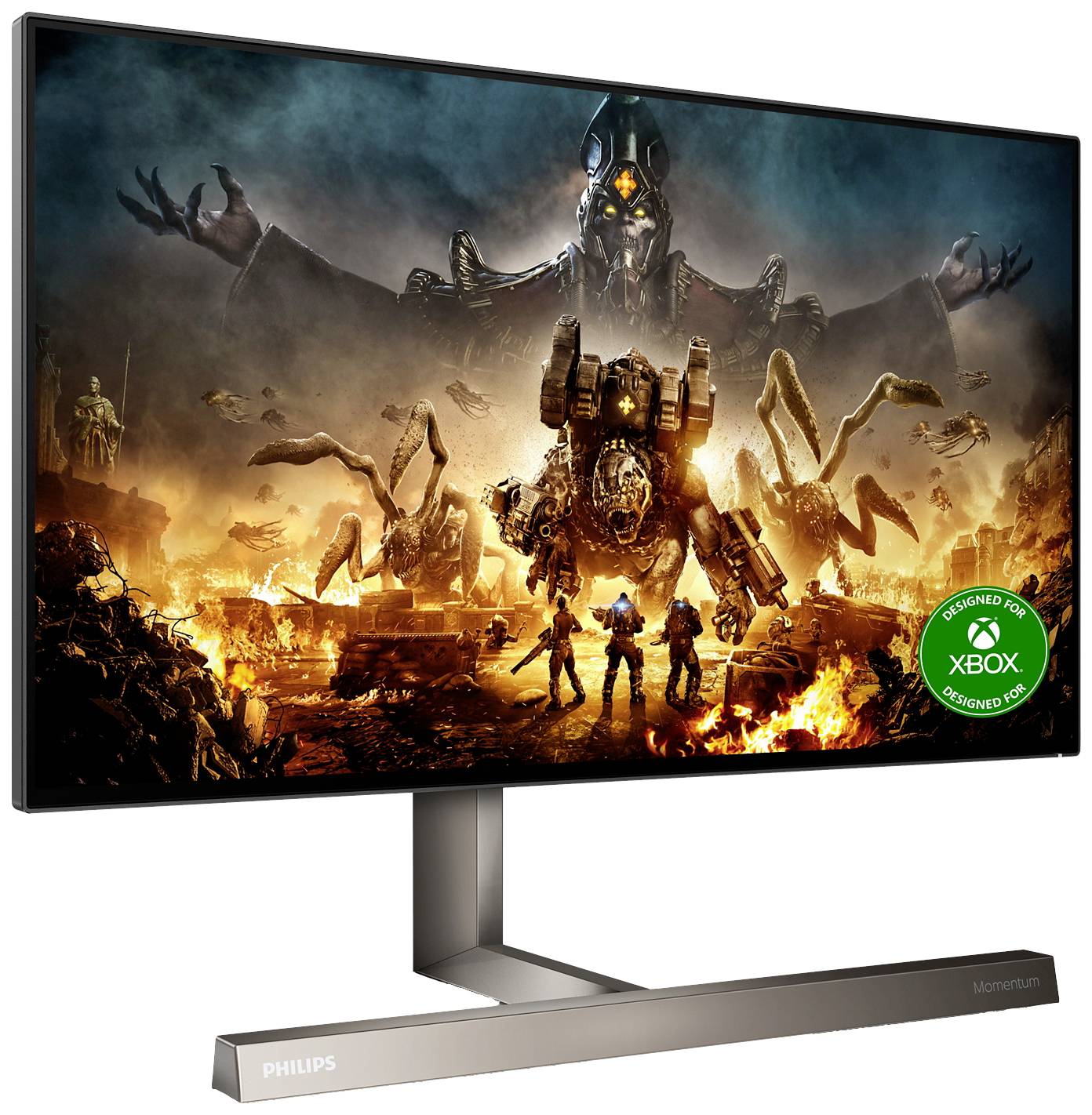 Na ekranie monitora Philips widać dynamiczną grę z robotami i eksplozjami. W rogu wyświetlane jest logo XBOX.