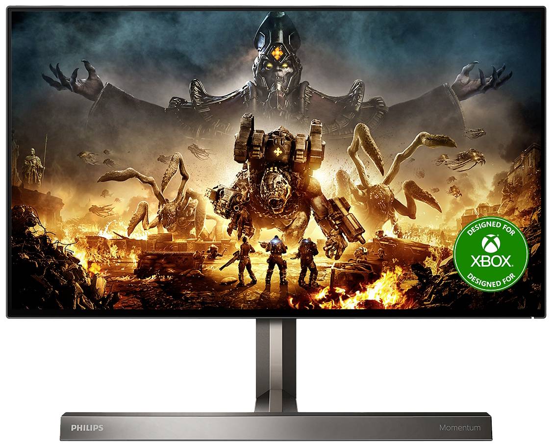 Monitor wyświetla epicką scenę science fiction z wojownikami i mechanicznymi stworzeniami w ognistym, apokaliptycznym otoczeniu.