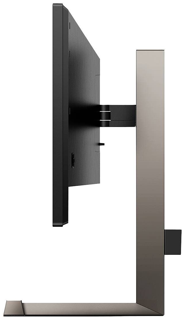 Widok z boku na ultracienkiego monitora komputerowego z wąską ramką, stojącego na stabilnej, prostokątnej podstawie.