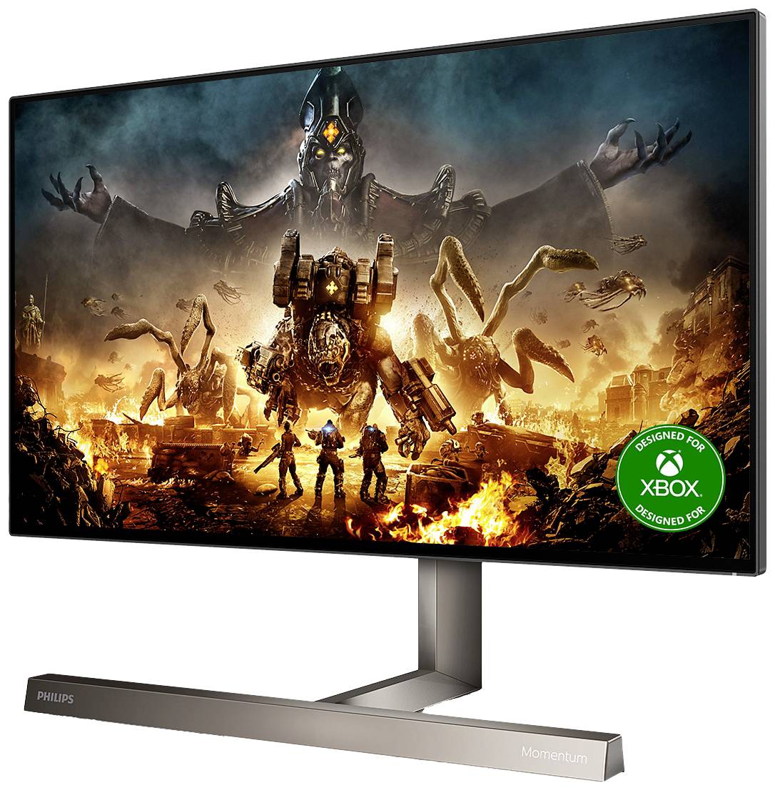 Monitor do gier z wyświetlonym ekranem akcji. Sceny przedstawiające roboty i żołnierzy w apokaliptycznym otoczeniu.