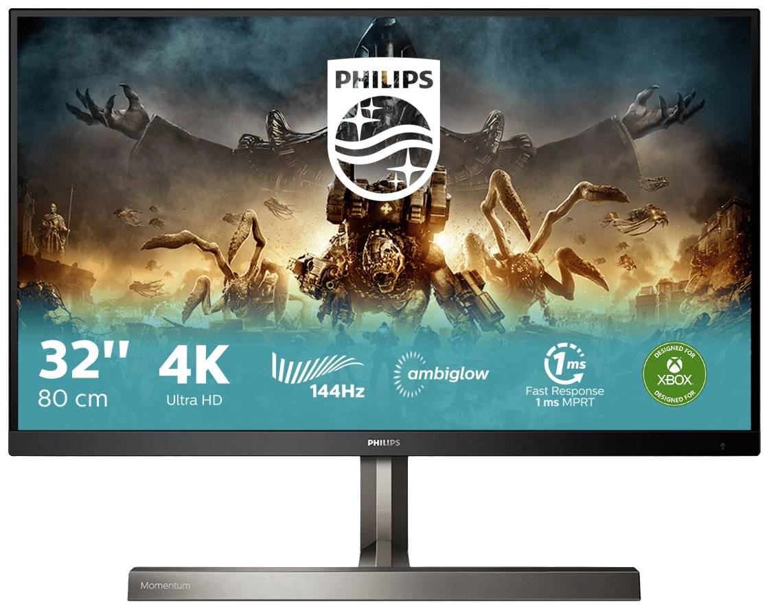 Monitor Phillips 32" z rozdzielczością 4K Ultra HD, częstotliwością odświeżania 144 Hz, czasem reakcji 1 ms, technologią Ambiglow i logo Xbox.