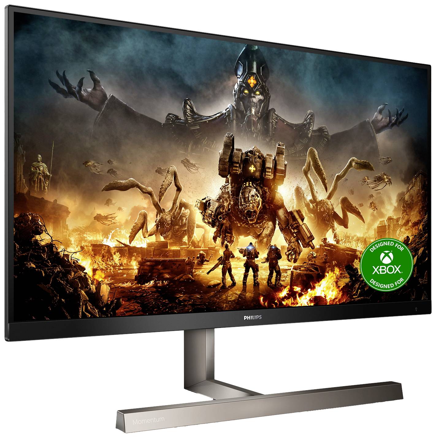 Monitor do gier wyświetla futurystyczny, dystopiczny scenariusz z wielkimi robotami i płonącą scenerią w tle. Widoczne logo 'Designed for Xbox'.