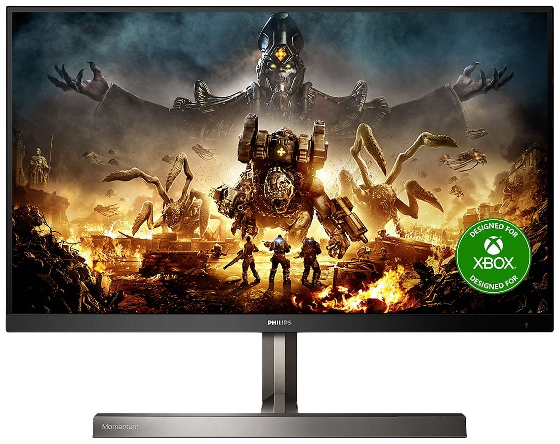 Monitor wyświetla grę akcji z robotami i dużą groźną postacią w tle. W prawym górnym rogu logo Xbox.