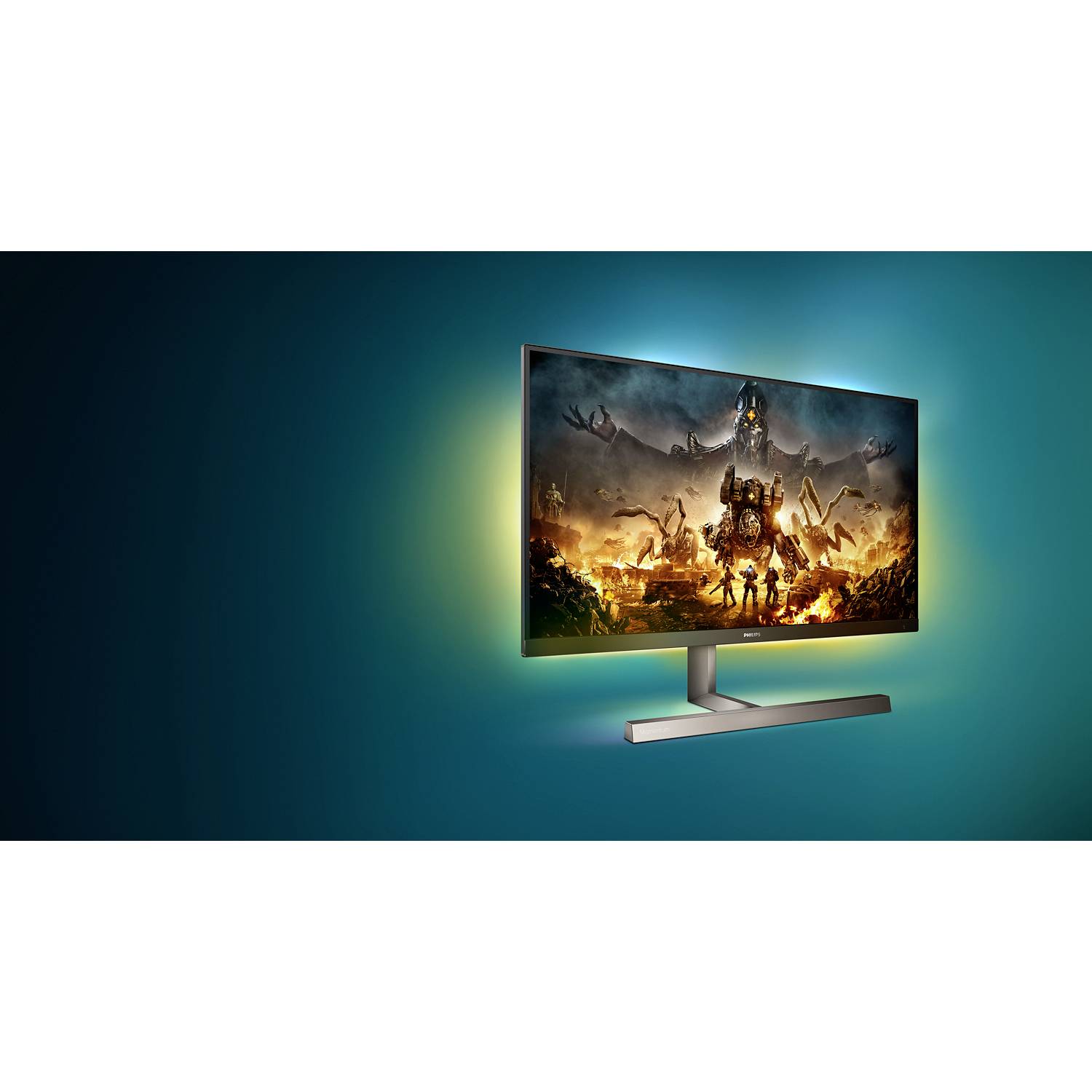 Nowoczesny monitor wyświetla dynamiczną grę wideo z dużym, groźnym robotem i eksplozjami w tle.