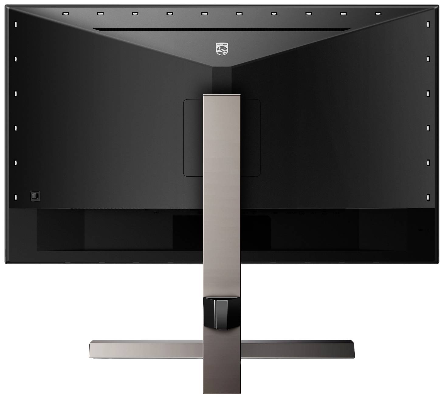 Duży monitor komputerowy z wąską ramką i solidną podstawą jest widziany od tyłu.