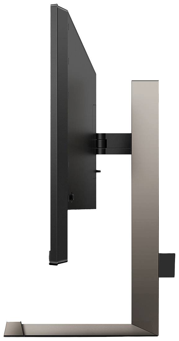 Płaski telewizor w nowoczesnym designie, przedstawiony z boku, umieszczony na podstawce.