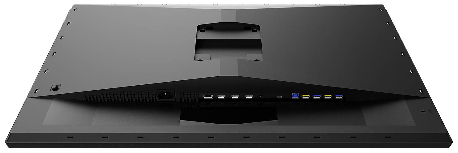 Tylna strona monitora komputerowego z różnymi możliwościami podłączenia, w tym HDMI, DisplayPort i USB.