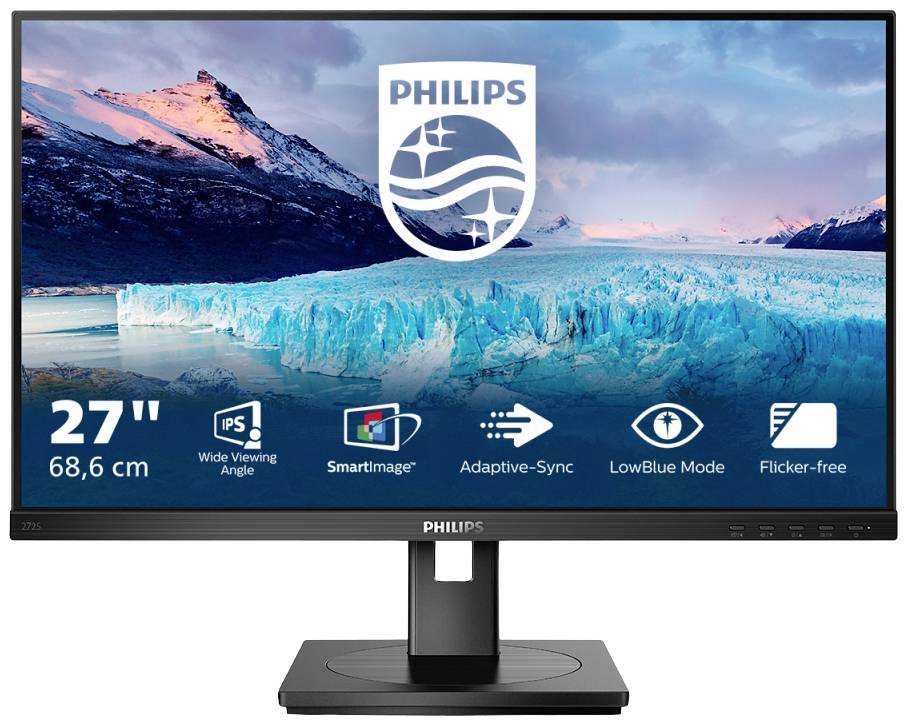 Monitor Philips wyświetla obraz gór lodowych o zachodzie słońca. Poniżej symbole oznaczające 'Szeroki kąt widzenia', 'SmartImage', 'Adaptive-Sync', 'Tryb LowBlue', 'Technologia bez migotania'.