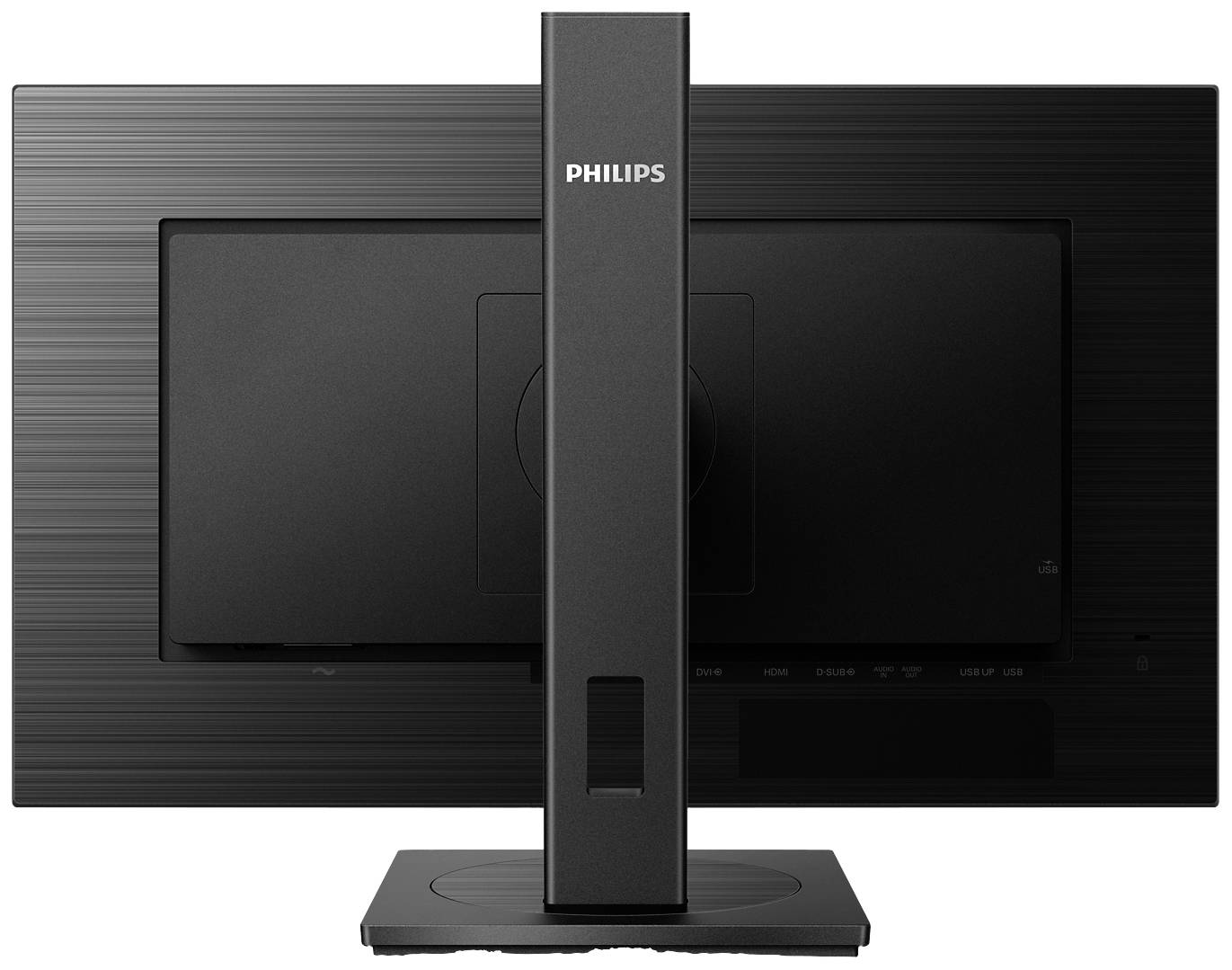 Czarny monitor Philips widziany od tyłu, prezentujący centralną podstawę montażową oraz stonowany design z horyzontalnymi liniami.