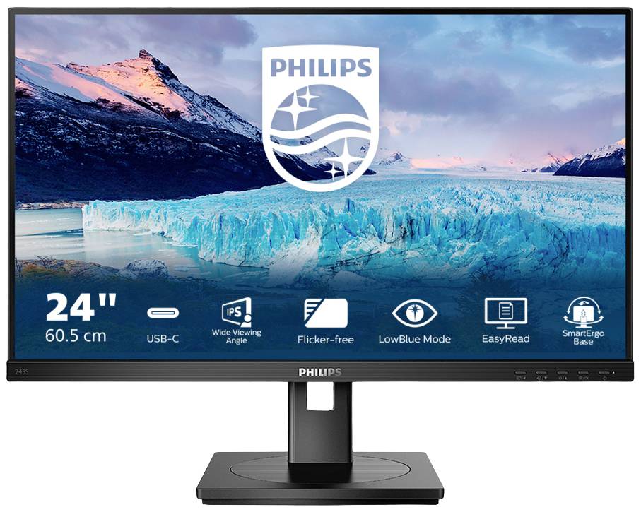 Ekran komputerowy z obrazem krajobrazu lodowcowego i napisem 'Philips'. Poniżej widoczne są symbole i specyfikacje monitora.