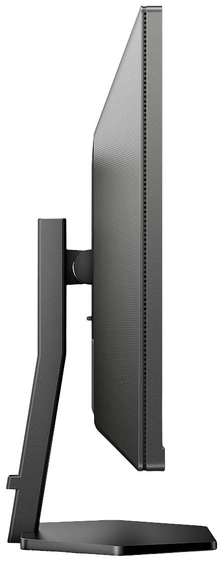 Widok z boku nowoczesnego, smukłego monitora komputerowego na stabilnej podstawie, ukazujący cienki profil ekranu.