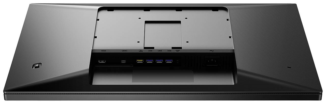 Tylna strona czarnego monitora komputerowego z różnymi złączami i uchwytem montażowym pośrodku.