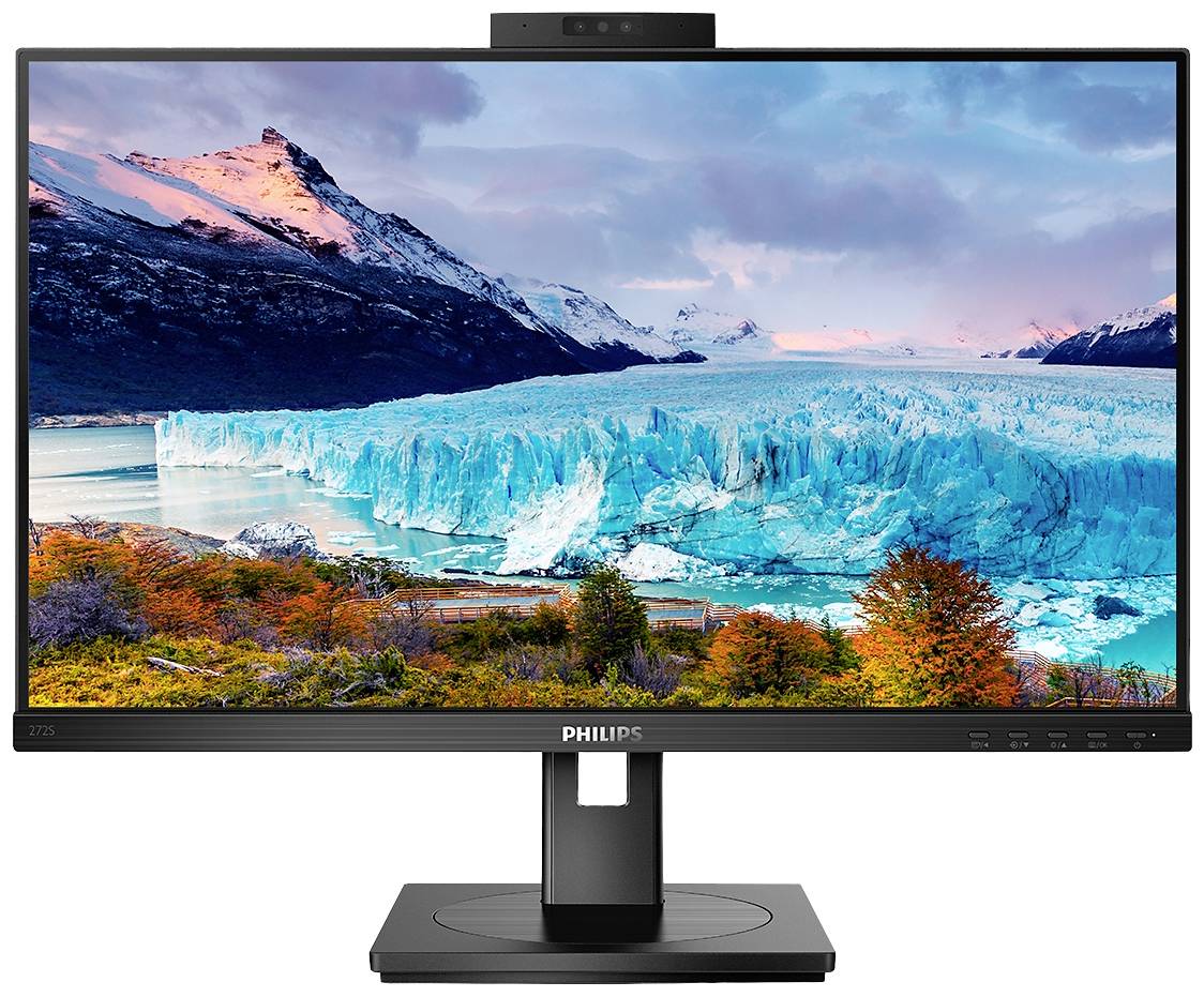 Ekran komputera wyświetla zapierającą dech w piersiach scenerię z ośnieżonymi górami i niebieskim lodowcem w świetle wieczoru.