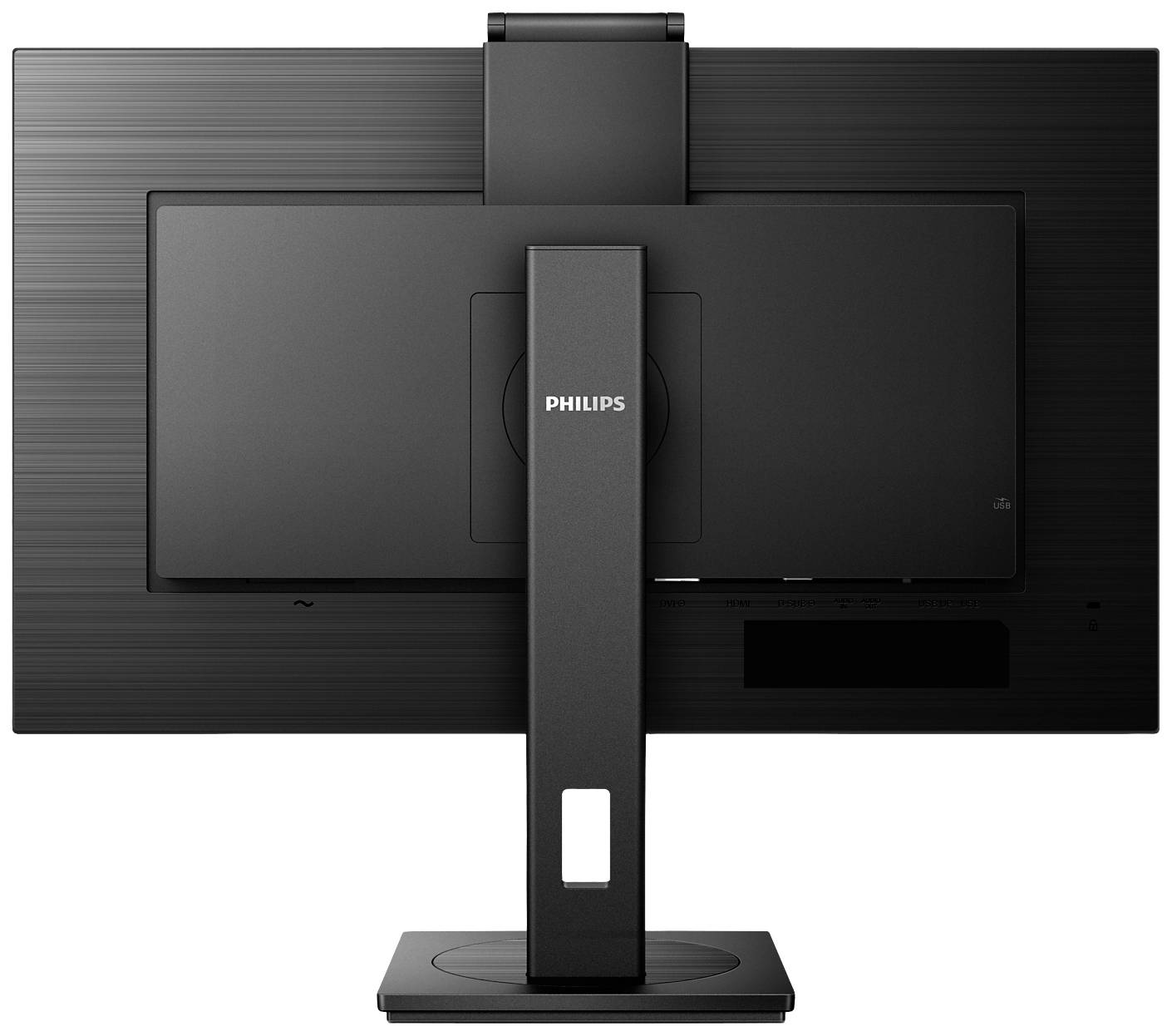 Widok z tyłu czarnego monitora z prostokątną podstawą i logo Philips pośrodku.