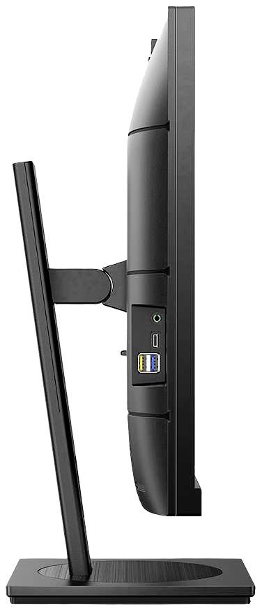 Smukły monitor komputerowy widziany z boku, zamontowany na płaskiej podstawie, z gniazdami USB z tyłu urządzenia.