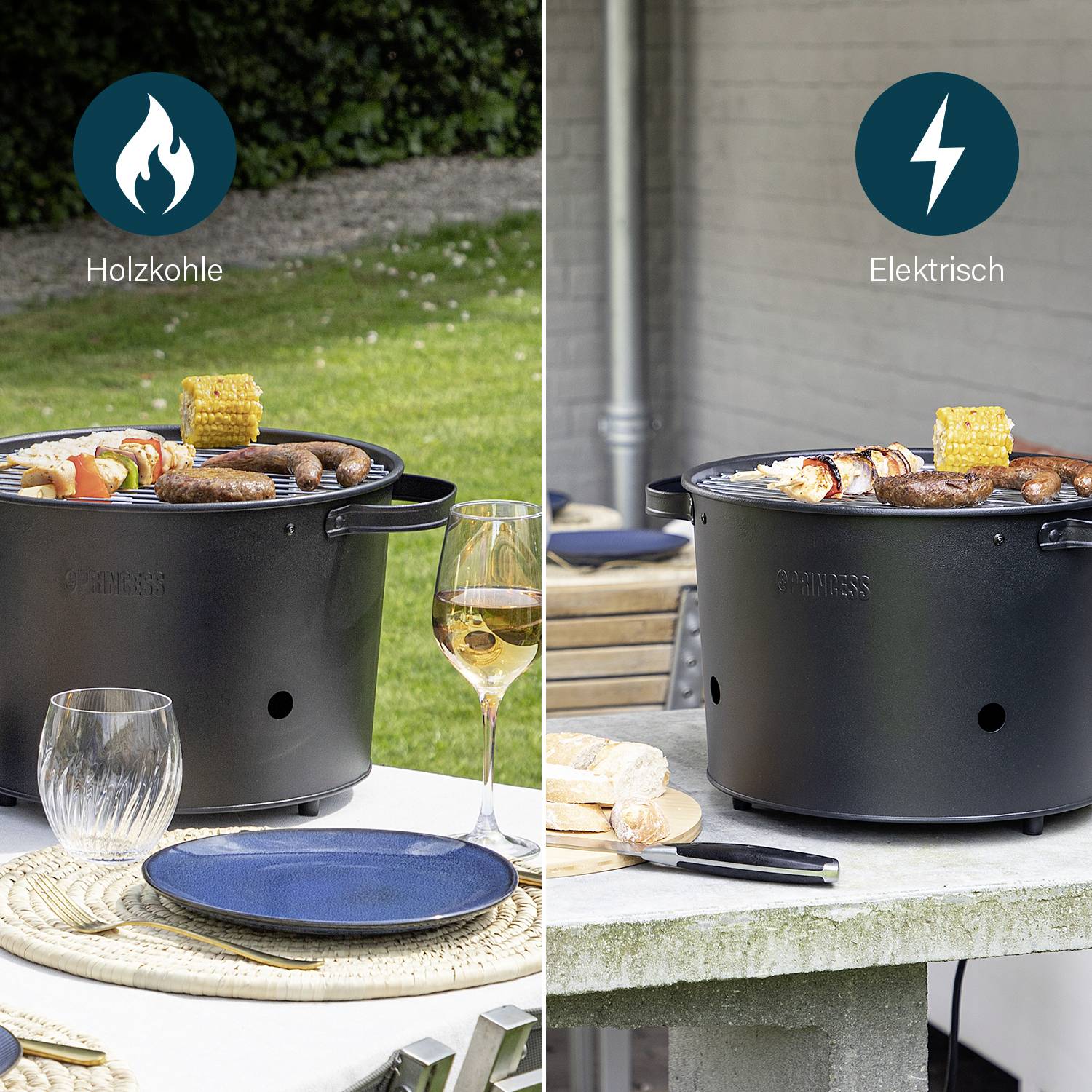 Grill w dwóch wersjach: Po lewej stronie grill węglowy z warzywami i mięsem; po prawej stronie grill elektryczny w ogrodzie, oba ustawione na stole.