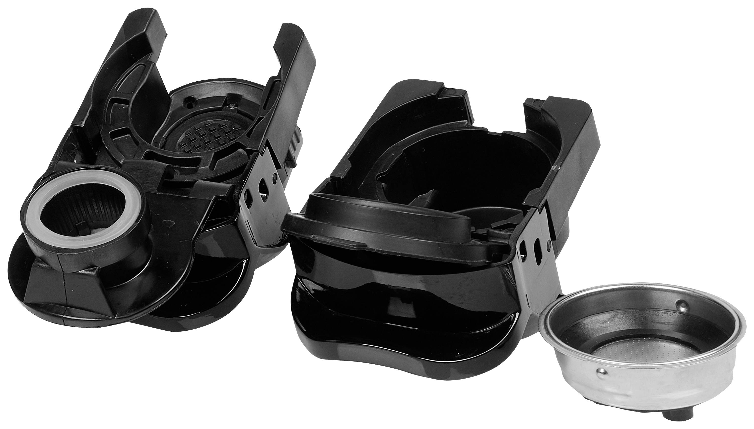 Dwie czarne plastikowe części i małe okrągłe sitko metalowe, prawdopodobnie elementy ekspresu do kawy, ułożone obok siebie.