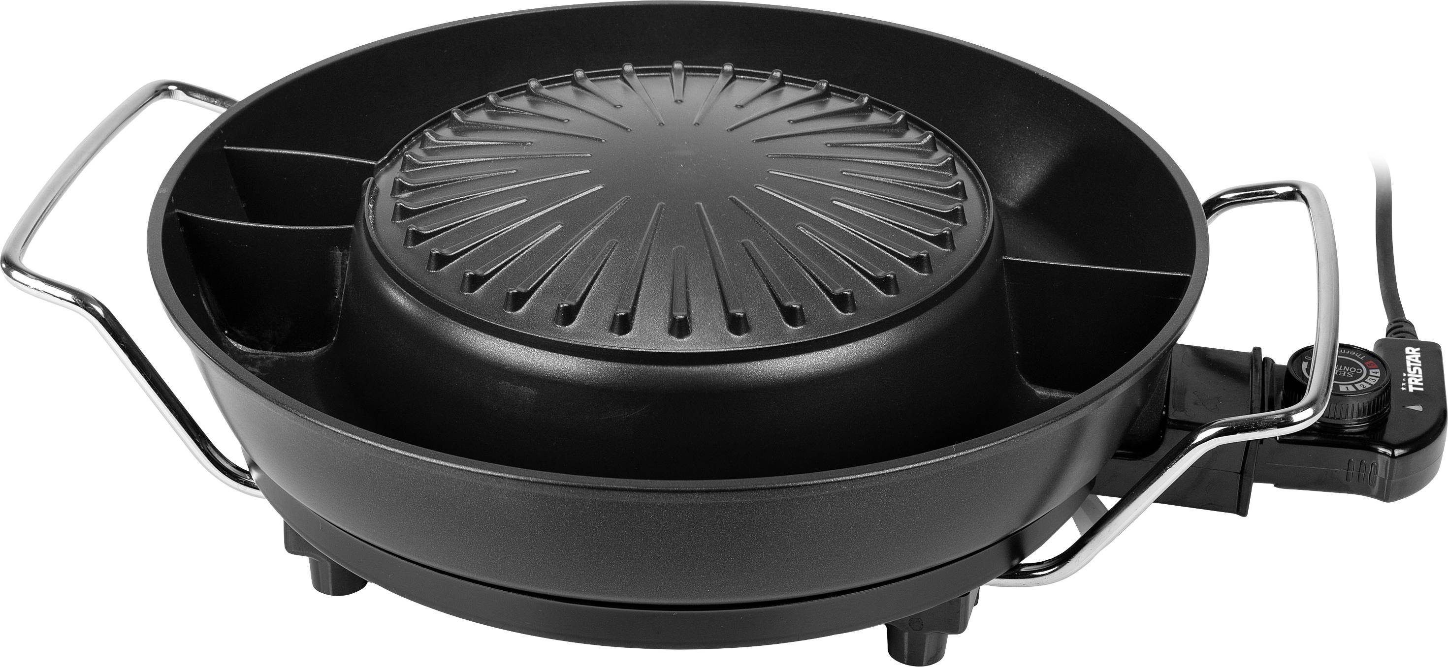 Okrągły elektryczny grill stołowy z czarną powłoką nieprzywierającą, uchwytami po bokach oraz regulatorem temperatury po prawej stronie.