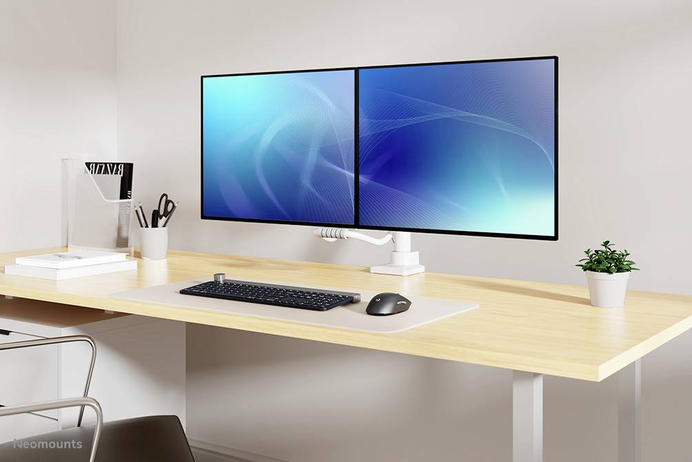 Nowoczesne biurko z dwoma ustawionymi obok siebie monitorami, klawiaturą i myszką, a także rośliną jako elementem dekoracyjnym.