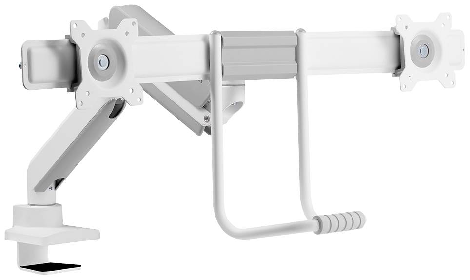 'Biały, regulowany uchwyt do monitora z dwoma mocowaniami i możliwością pochylenia, przeznaczony do montażu na biurkach.'