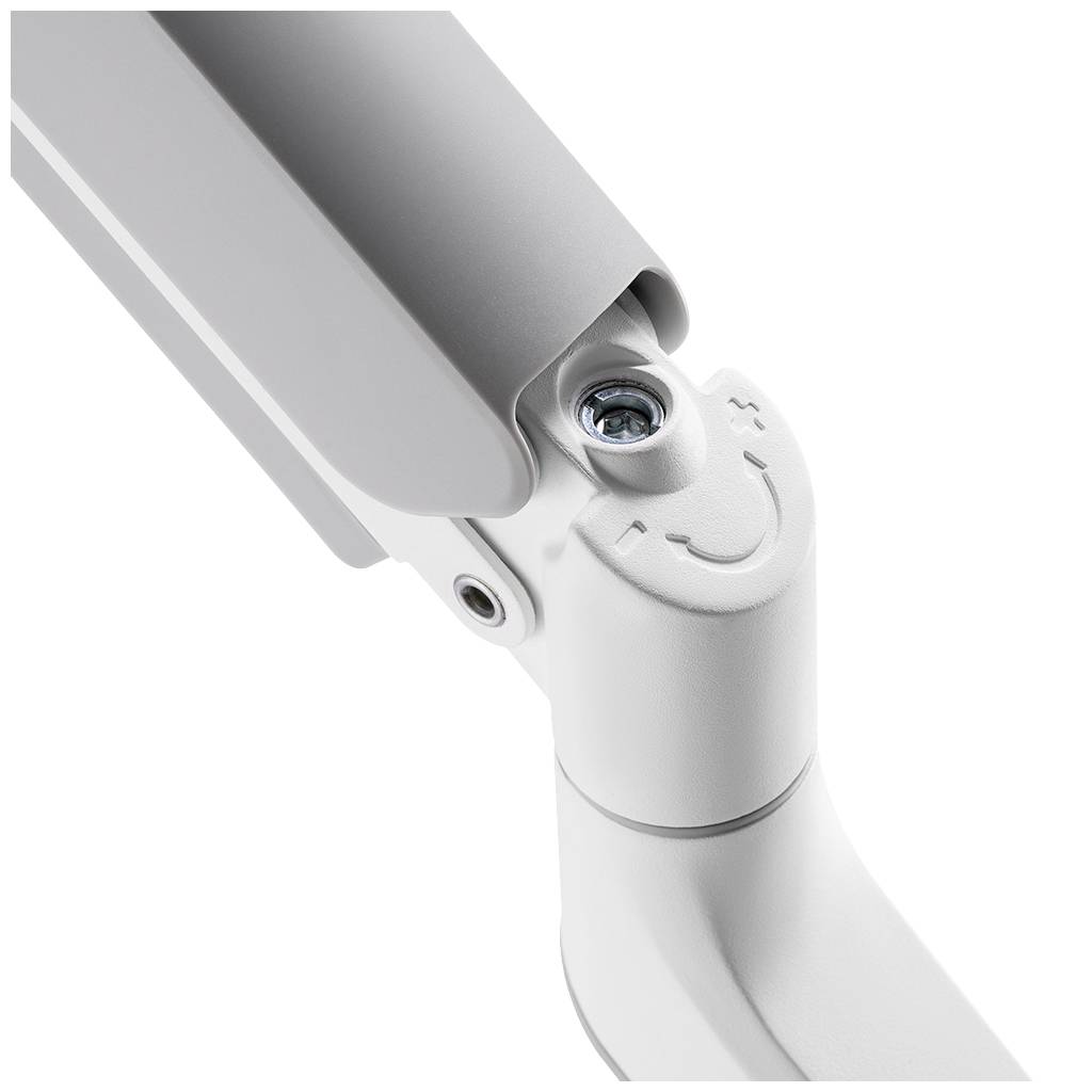 Zbliżenie fragmentu szarej, regulowanej lampy biurkowej. Widoczny jest przegub lampy z połączeniem śrubowym.