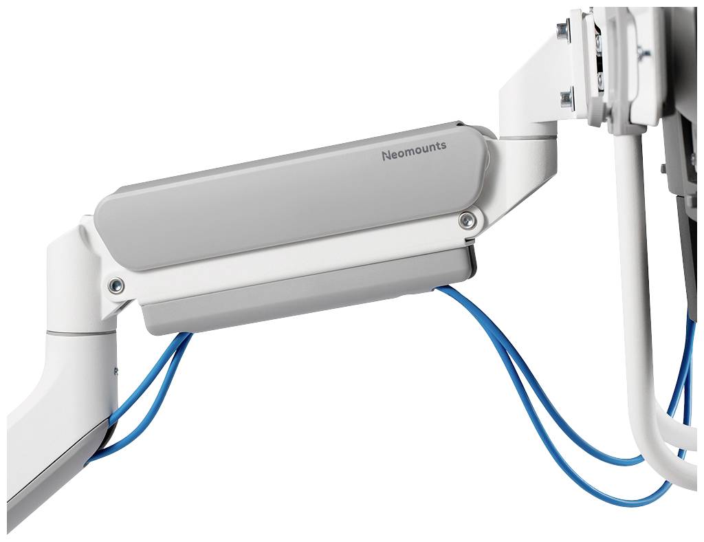 Biały i szary uchwyt monitora z niebieskimi kablami, oznaczony napisem 'Neomounts'. Przeznaczony do mocowania ekranów na ścianach.