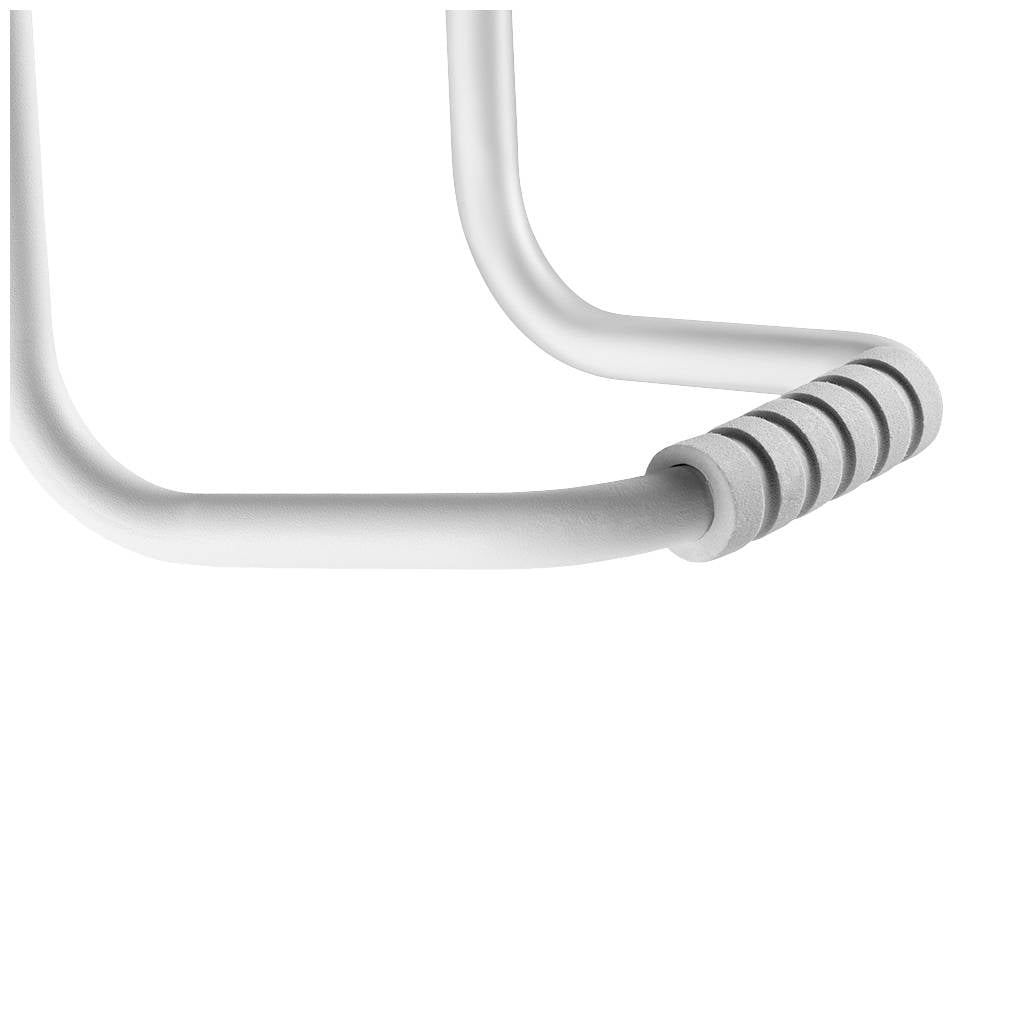 Biały, zakrzywiony uchwyt metalowy z rowkowanym szarym odcinkiem, który służy do zapewnienia stabilności lub może być używany jako poręcz.