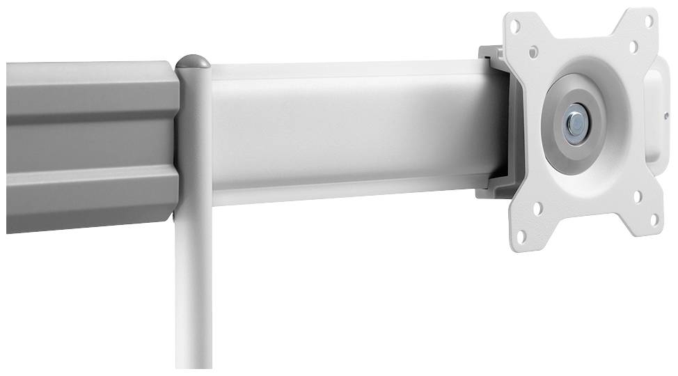 Uchwyt do monitora z ramieniem obrotowym, dopasowany do różnych rozmiarów ekranów, w białym designie.
