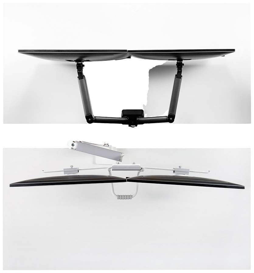 Dwa monitory na ramieniu przegubowym, widziane z przodu i z boku. Ramię umożliwia regulację wysokości i nachylenia ekranów.