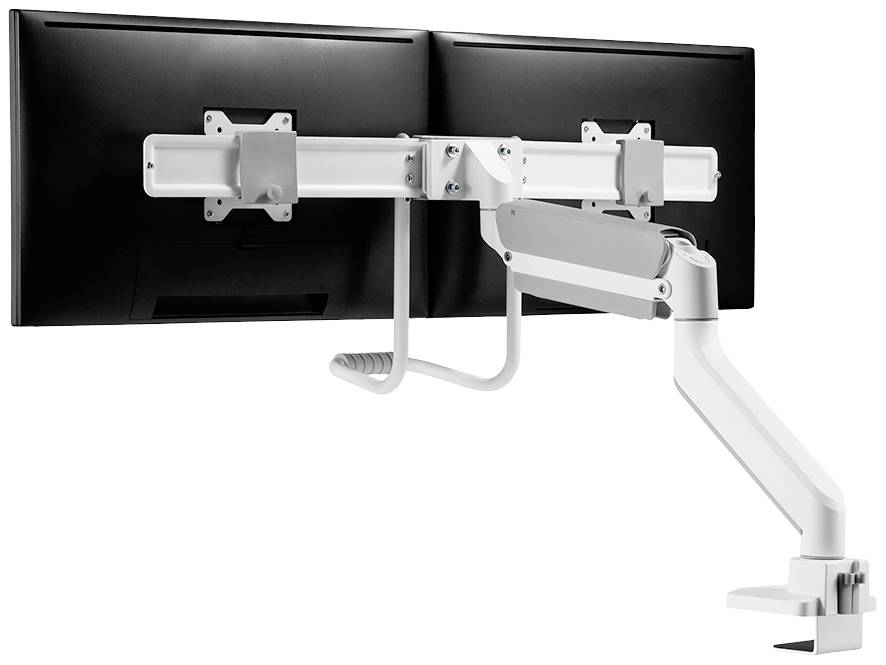 Dwa czarne monitory zamontowane na białym, regulowanym ramieniu do monitora.