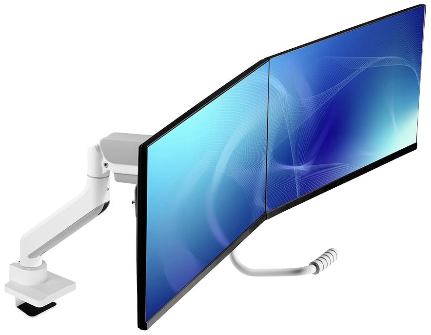 Dwa połączone monitory komputerowe na elastycznym ramieniu wsporczym, wyświetlające niebieskie abstrakcyjne grafiki na swoich ekranach.