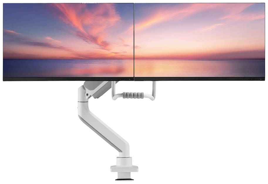 Dwa umieszczone obok siebie monitory wyświetlają zachód słońca nad morzem. Biały uchwyt monitora spina ekrany razem.