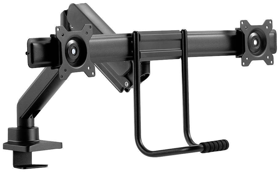 Czarny, regulowany uchwyt na monitor z dwoma mocowaniami VESA do zamocowania ekranów. Zamontowany na biurku.