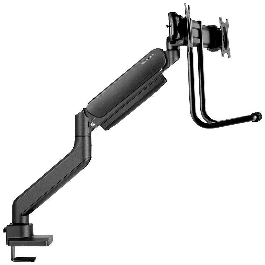 Czarny uchwyt na monitor z regulowanym przegubem, odpowiedni do montażu na biurku. Idealny do pozycjonowania monitorów w celach ergonomicznych.