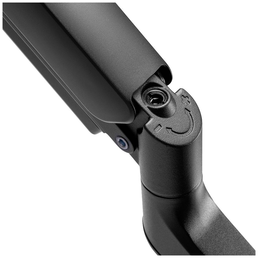 Zbliżenie przegubu czarnego ramienia monitora z widoczną śrubą i oznaczeniem kierunku strzałki służącym do regulacji ruchu.